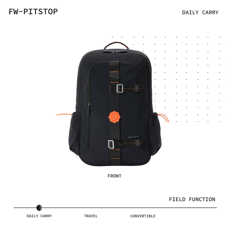 Fieldwrks Pitstop laptop backpack in Robo Black with a padded, suspended sleeve for laptops up to 15.6 inches